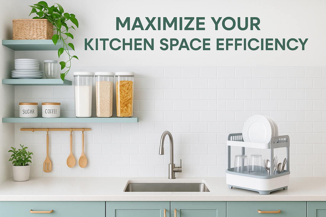 Maximize Your Kitchen Space Efficiency blog banner featuring organized modern kitchen with storage solutions