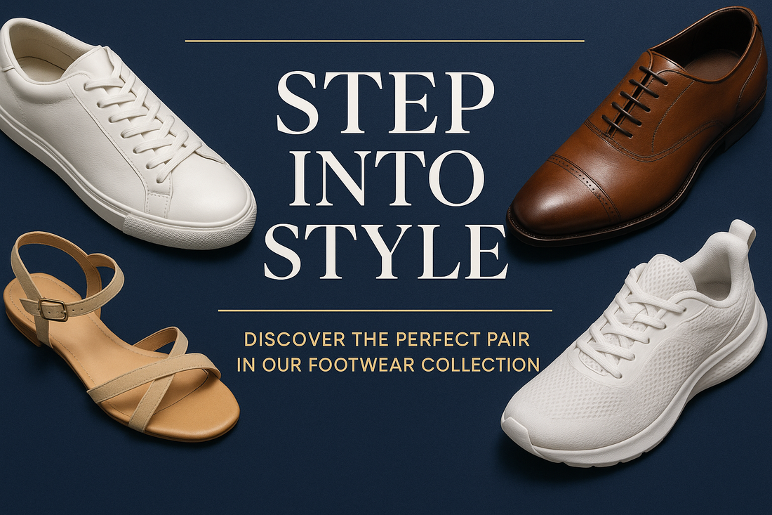 Step Into Style blog banner featuring various footwear styles including casual shoes, formal shoes, sandals and sports shoes in deep blue, white and gold design