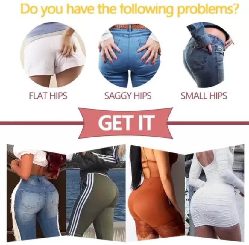 Promotional graphic for butt enhancement products with various body types shown.