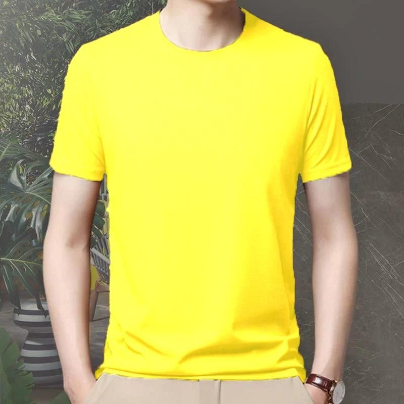Men's bright yellow 4-way stretch slim fit t-shirt, perfect for gym and casual wear, showcasing comfort and style.