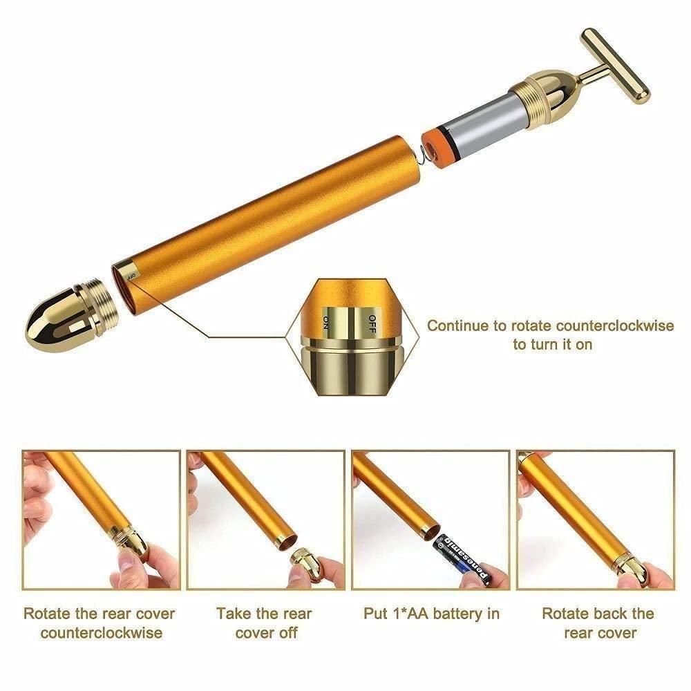 Gold-colored device with instructions on how to use it