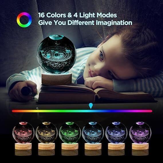3D Crystal Galaxy Moon Lamp with Wooden Base | LED Night Light Ball in Assorted Colors & Designs | Decorative Table Lamp for Home, Bedroom, Desk & Gifting