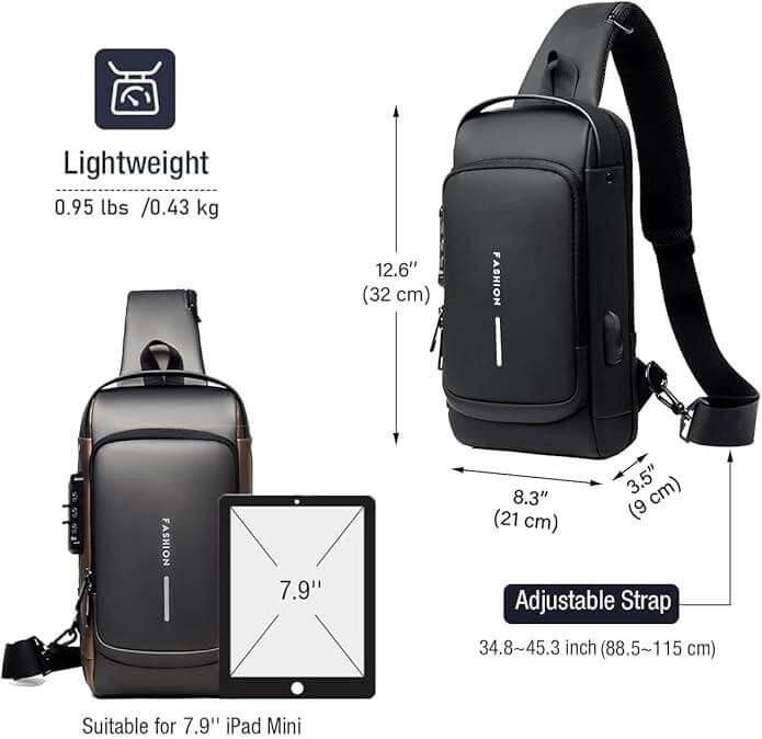 Sling Bag for Men | Waterproof Anti-Theft Chest Crossbody Bag with USB Charging Port & Password Lock | Lightweight PU Leather Shoulder Daypack for Travel, Office, Biking & Daily Use (Fits 7.9" Tablet)