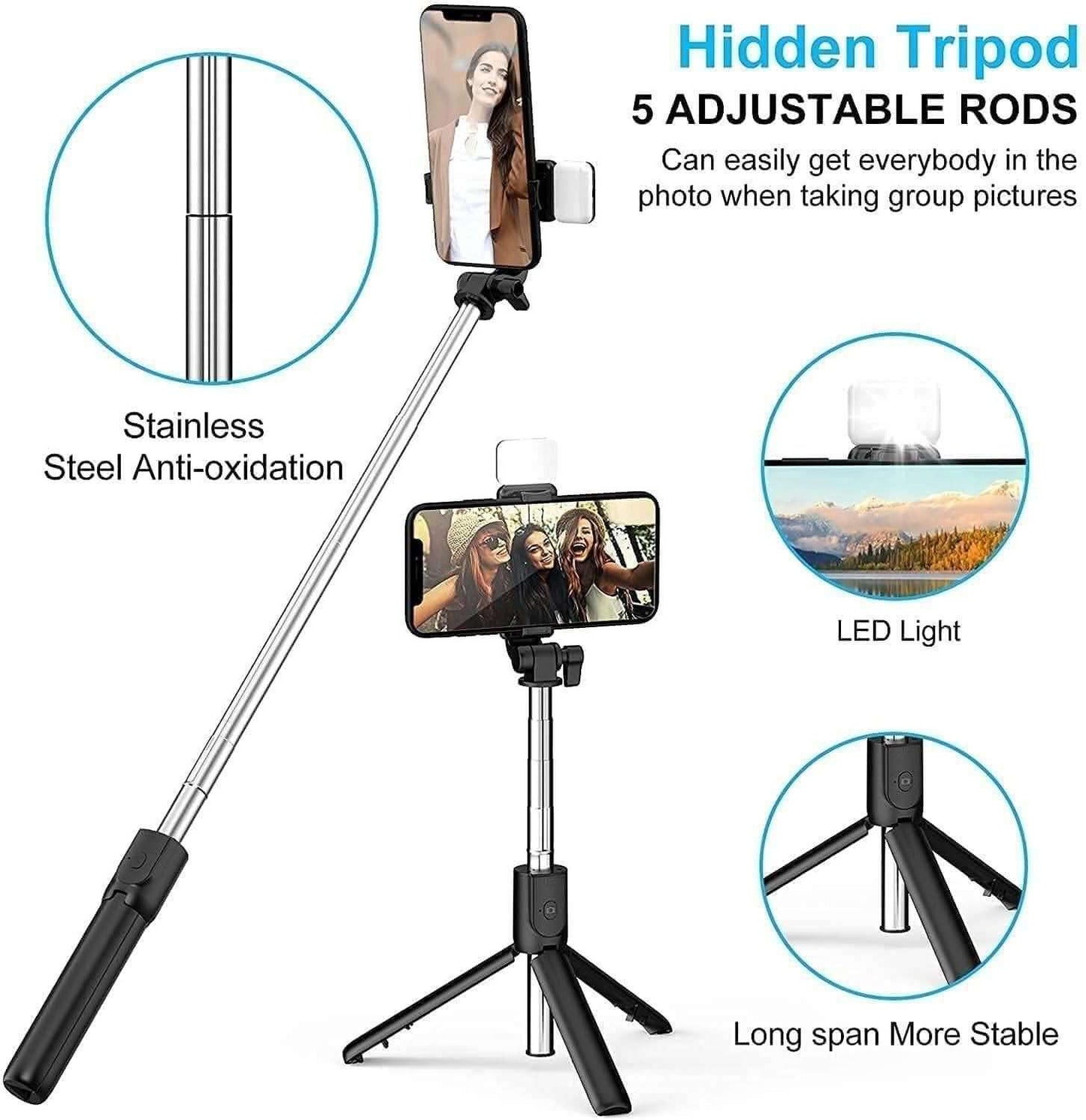 Expandable 3-in-1 Selfie Stick Tripod | Flash & Bluetooth Remote | Universal Phone Holder | Light Weight Tripod