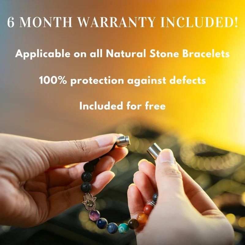 Two hands holding a Super 9 Chakra Healing Bracelet with a blurred background and warranty text overlay.