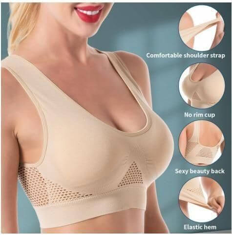 Beige bra with comfortable shoulder strap, no rim cup, sexy beauty back, and elastic hem features on a blue background.