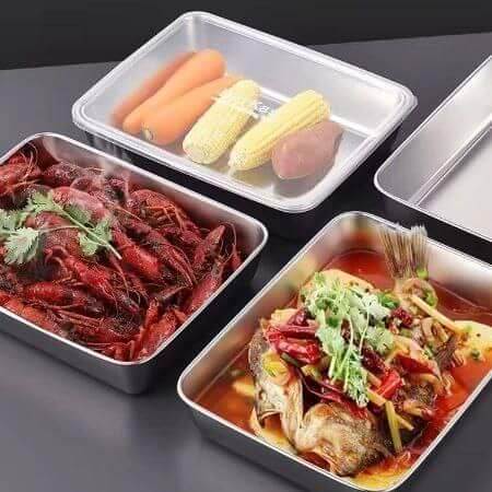 Multifunctional Stainless Steel Food & Storage Trays with Lids – 2, 3 & 4 Pc Sets | Reusable, Leakproof, & Stackable Kitchen Containers (15 x 10 x 5 cm)
