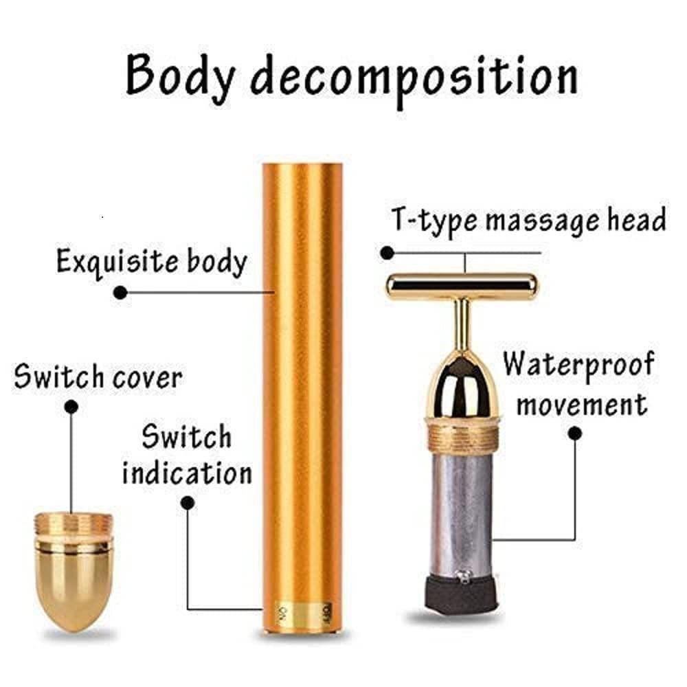 Gold massage device with labeled parts on a white background