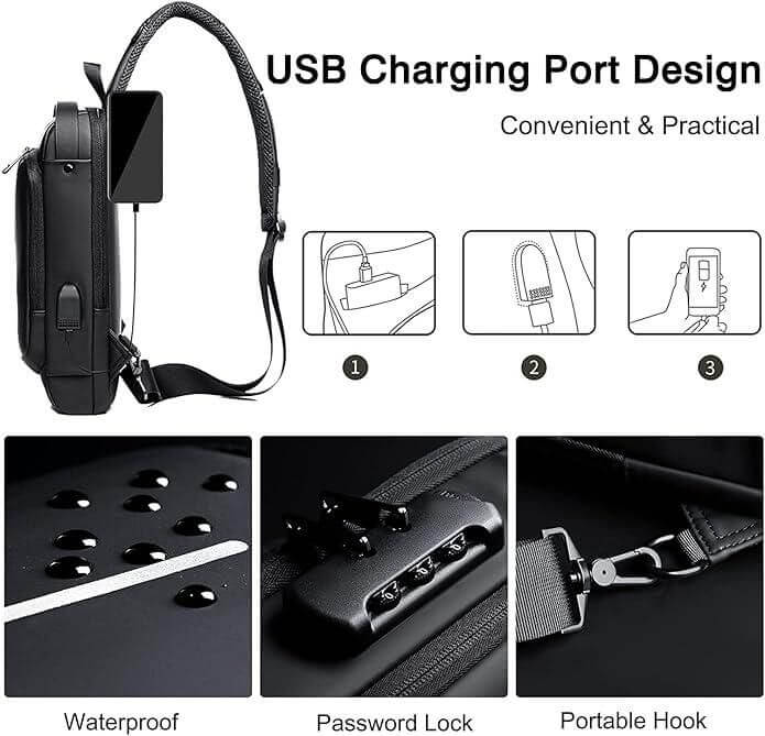 Sling Bag for Men | Waterproof Anti-Theft Chest Crossbody Bag with USB Charging Port & Password Lock | Lightweight PU Leather Shoulder Daypack for Travel, Office, Biking & Daily Use (Fits 7.9" Tablet)
