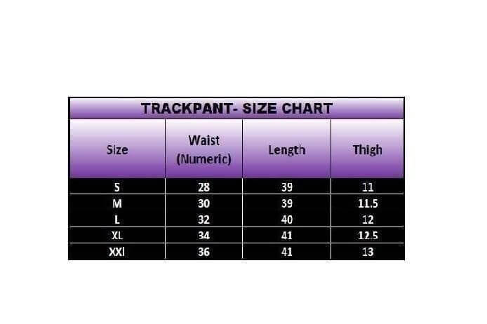 Track pants size chart with measurements for waist, length, and thigh on a purple background