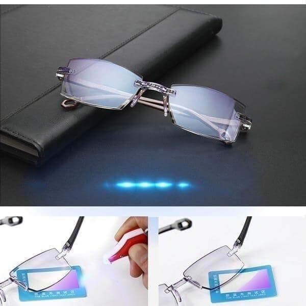 Eyeglasses with blue light filter on a dark surface, with additional images of the glasses in use.