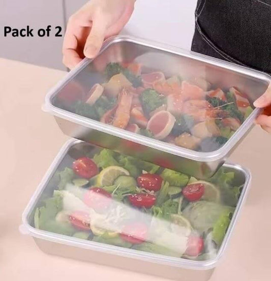 Multifunctional Stainless Steel Food & Storage Trays with Lids – 2, 3 & 4 Pc Sets | Reusable, Leakproof, & Stackable Kitchen Containers (15 x 10 x 5 cm)