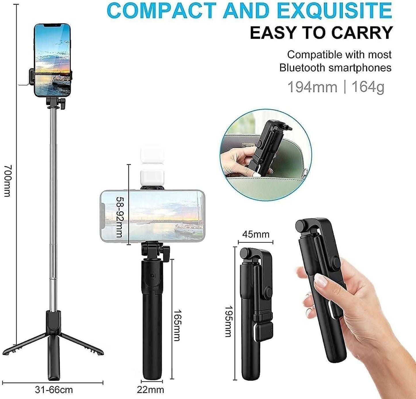Expandable 3-in-1 Selfie Stick Tripod | Flash & Bluetooth Remote | Universal Phone Holder | Light Weight Tripod