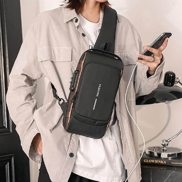 Sling Bag for Men | Waterproof Anti-Theft Chest Crossbody Bag with USB Charging Port & Password Lock | Lightweight PU Leather Shoulder Daypack for Travel, Office, Biking & Daily Use (Fits 7.9" Tablet)