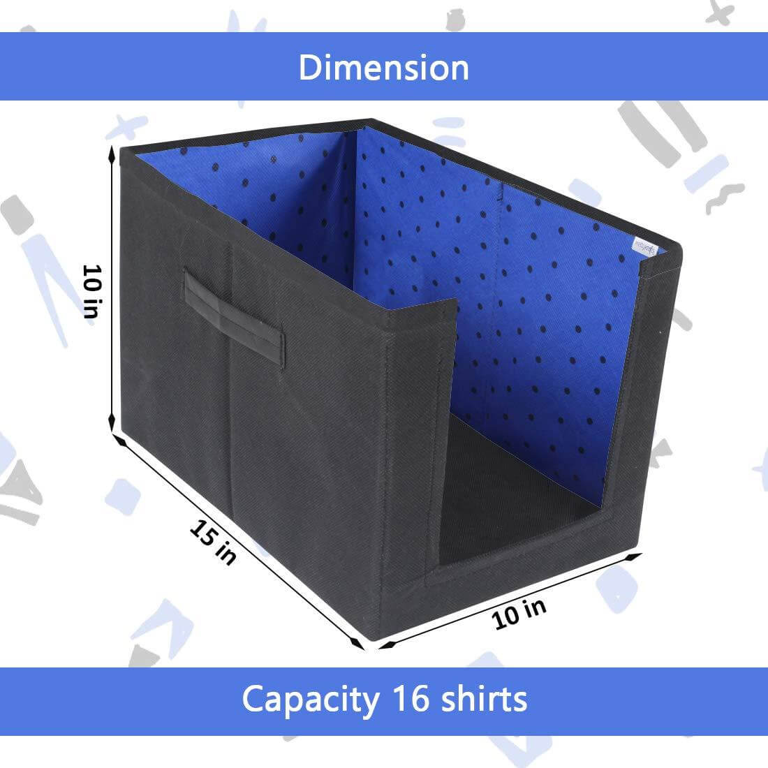 Black storage bin with blue interior, dimensions labeled, and capacity for 16 shirts.