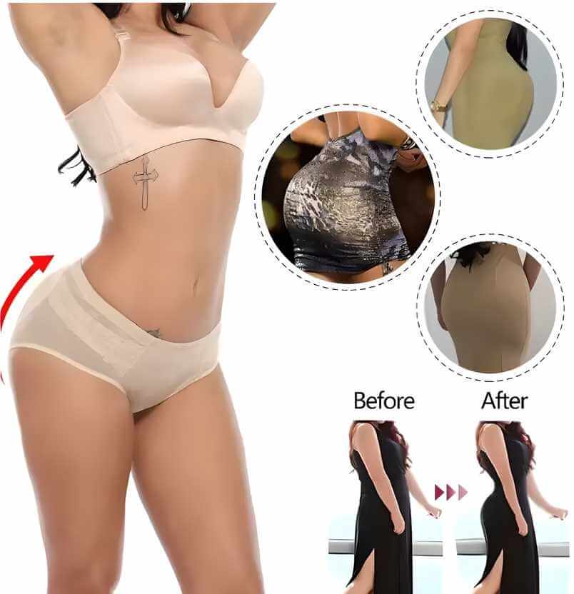 Woman wearing beige shapewear with 'Before' and 'After' comparisons on a white background