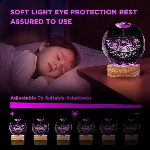 3D Crystal Galaxy Moon Lamp with Wooden Base | LED Night Light Ball in Assorted Colors & Designs | Decorative Table Lamp for Home, Bedroom, Desk & Gifting