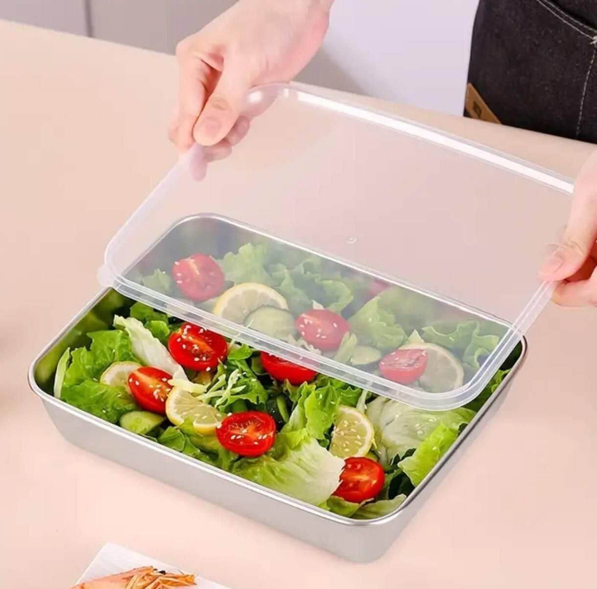 Multifunctional Stainless Steel Food & Storage Trays with Lids – 2, 3 & 4 Pc Sets | Reusable, Leakproof, & Stackable Kitchen Containers (15 x 10 x 5 cm)
