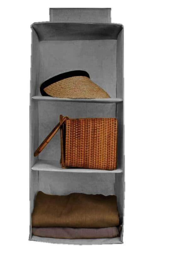 Hanging Wardrobe Organizer with 3 Spacious Shelves – Grey | Foldable Closet Storage for Clothes, Toys & Accessories | Space-Saving Shelf for Neat & Tidy Wardrobes