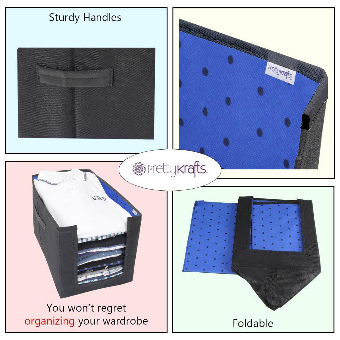 Collage of a storage bin with handles and polka dot design, featuring the brand 'prettykrafts'.