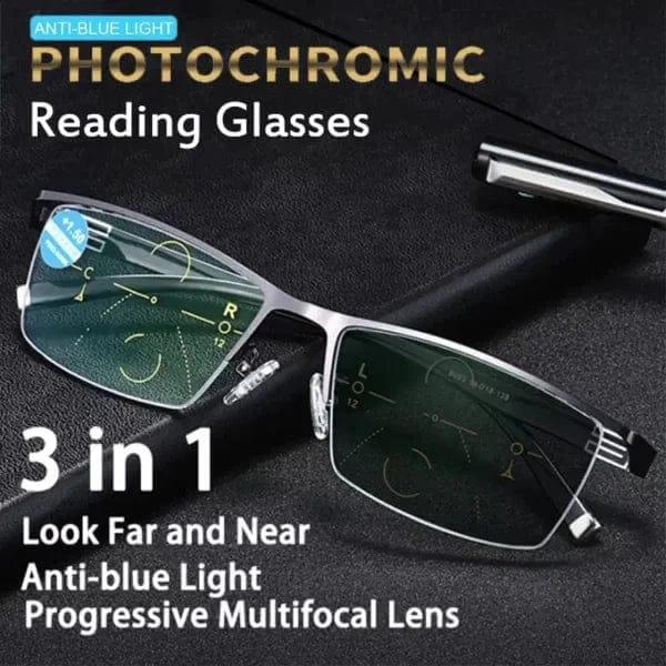 Photochromic reading glasses with anti-blue light and multifocal lenses on a dark background.