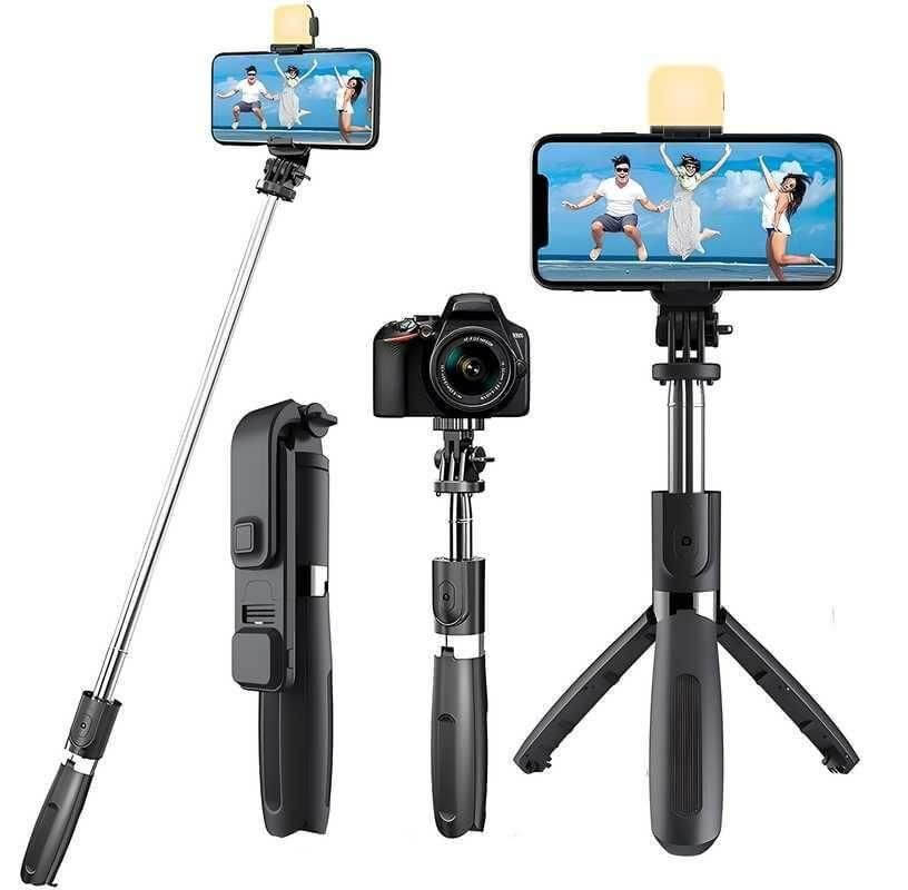 Expandable 3-in-1 Selfie Stick Tripod | Flash & Bluetooth Remote | Universal Phone Holder | Light Weight Tripod