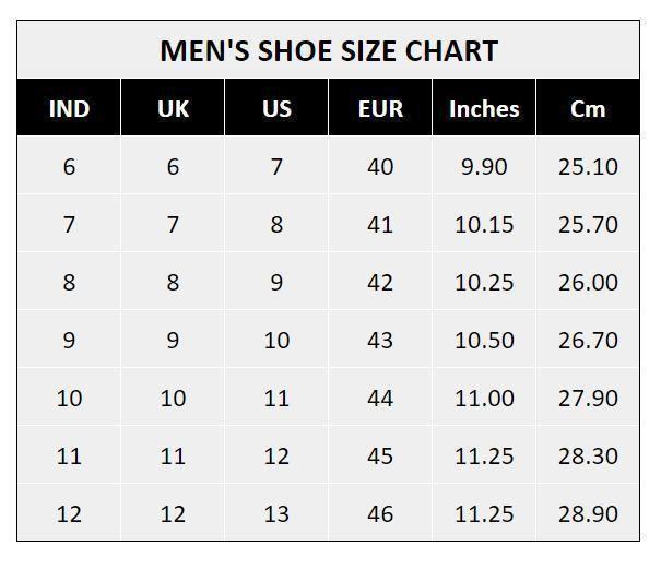 Men's shoe size chart converting between Indian, UK, US, EU, inches, and centimeters.