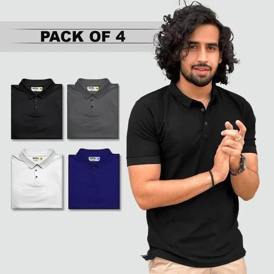 Man wearing a black polo shirt with folded polos and 'Pack of 4' text on a gray background
