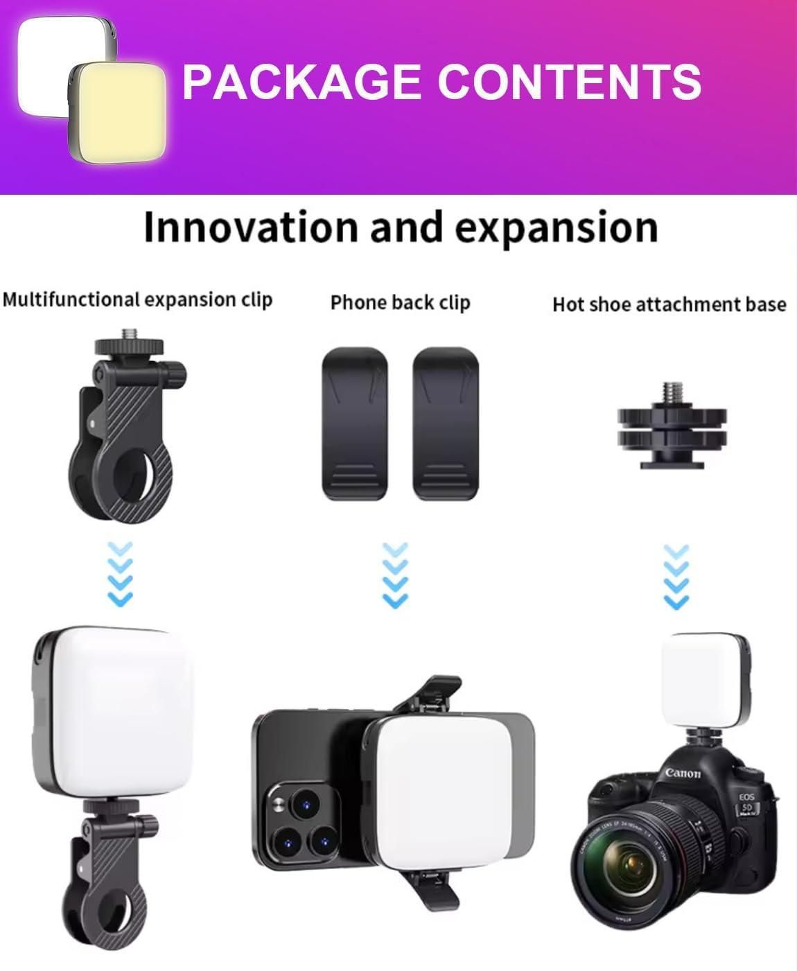 Package contents of LED Video Light
 accessories with text 'Innovation and expansion' on a purple background.