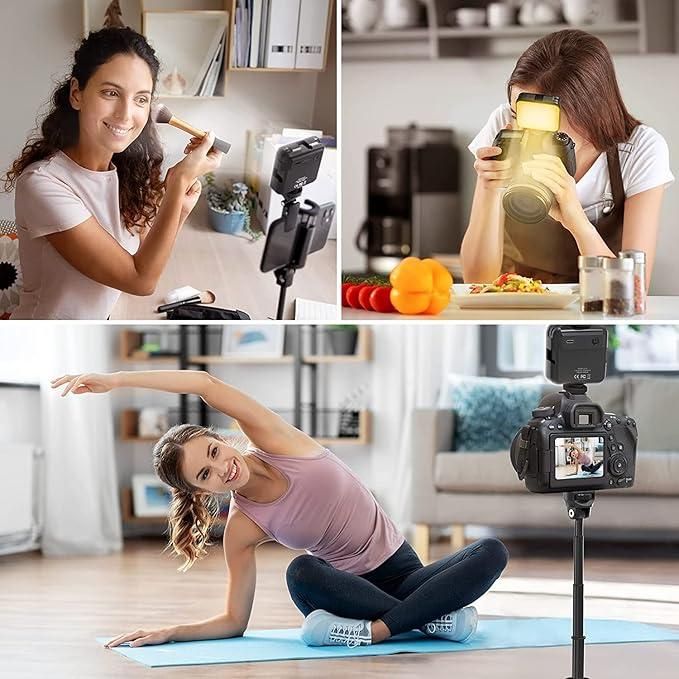 Woman using a camera on a tripod in various settings including a kitchen, dining area, and living room.