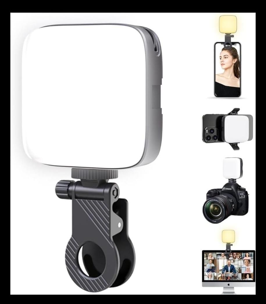 LED Video Light modifier with various attachments for camera and phone use on a white background