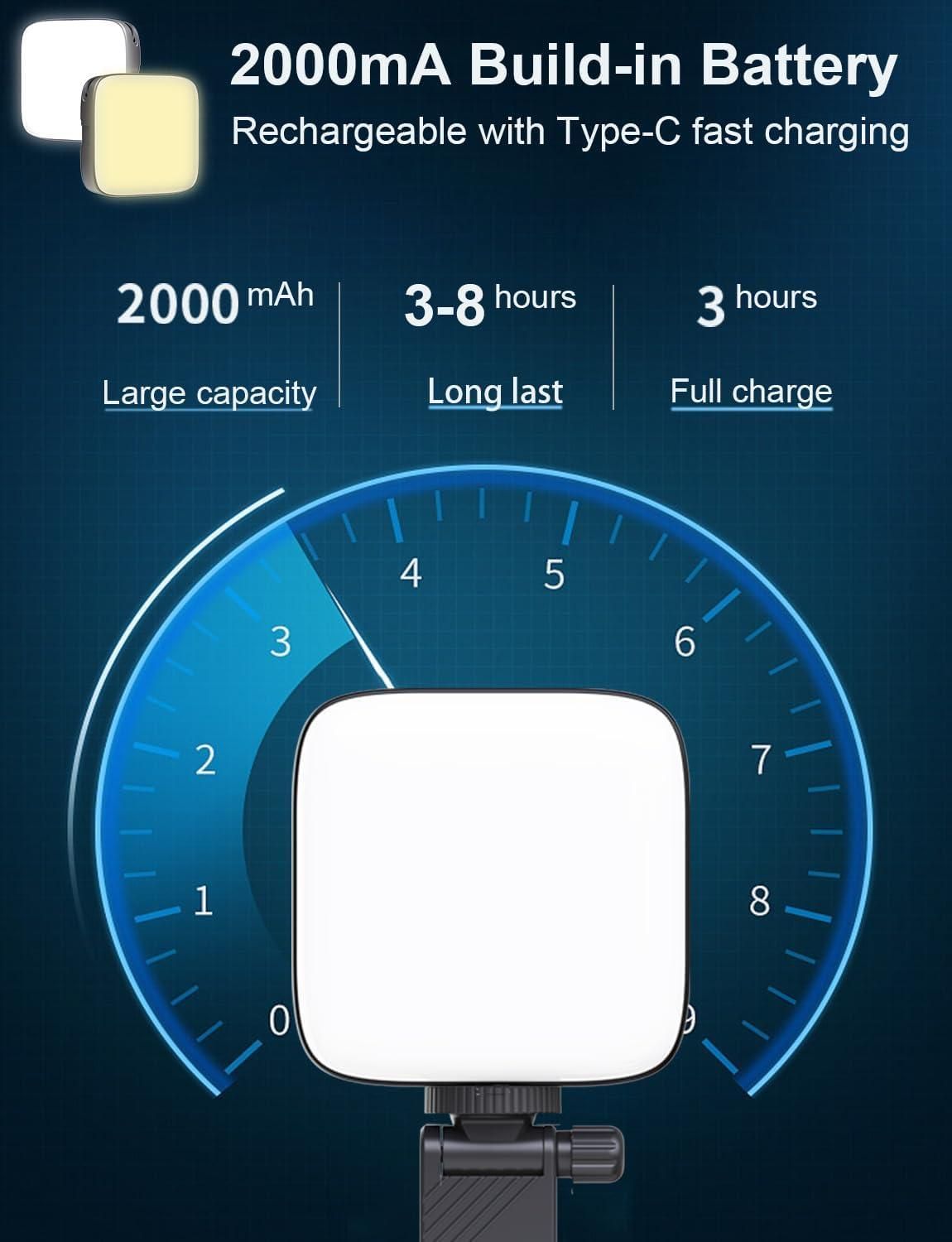 LED video light with battery information on a dark background