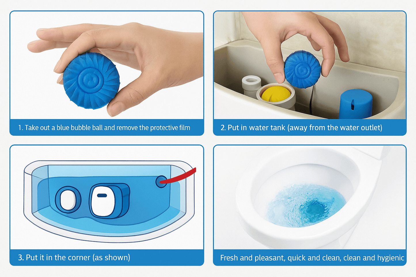 Four-panel instructional guide for blue toilet cleaning tablets