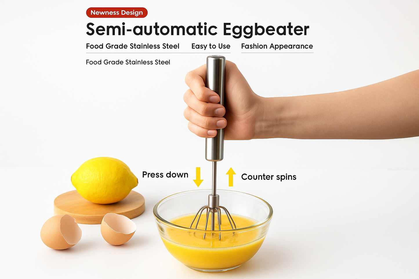 Semi-automatic eggbeater being used to mix eggs with a lemon and wooden board in the background.