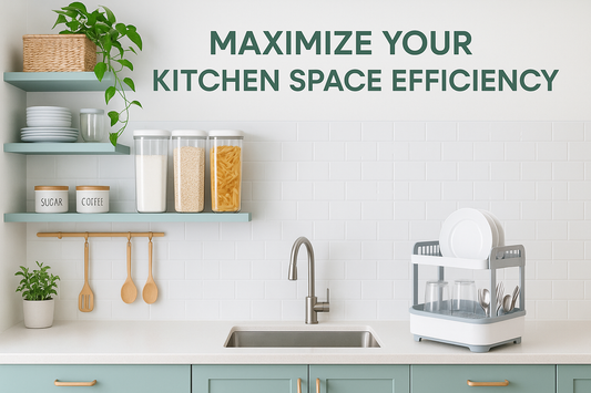 Maximize Your Kitchen Space Efficiency blog banner featuring organized modern kitchen with storage solutions