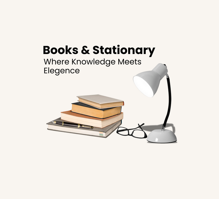 Books & Stationary Collection Banner - Books, spectacles, and study lamp showcasing knowledge and elegance at UrbanAvi Store