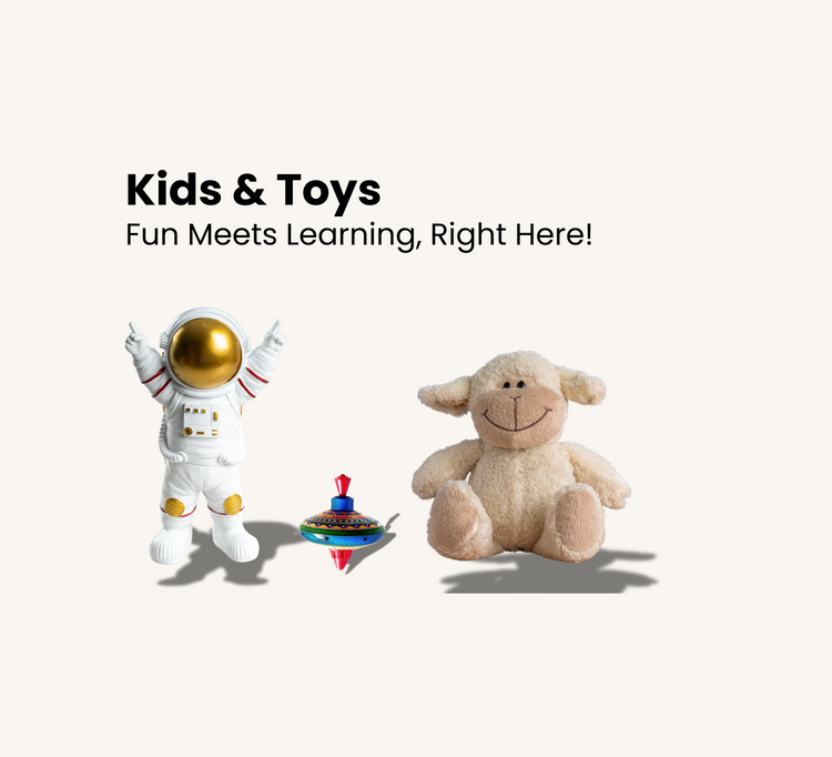 Kids & Toys Collection Banner - Fun Meets Learning with astronaut toy, spinning top, and teddy bear at UrbanAvi Store