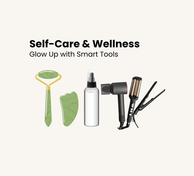 Self-Care & Wellness Collection Banner - Beauty and skincare tools like roller, spray bottle, and hair styling devices at UrbanAvi Store