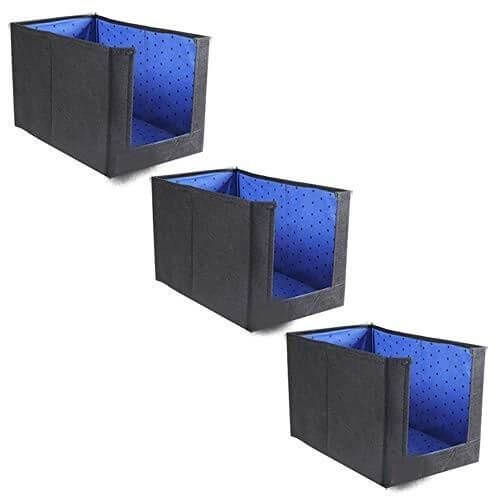 Three black storage cubes with blue interior on a white background