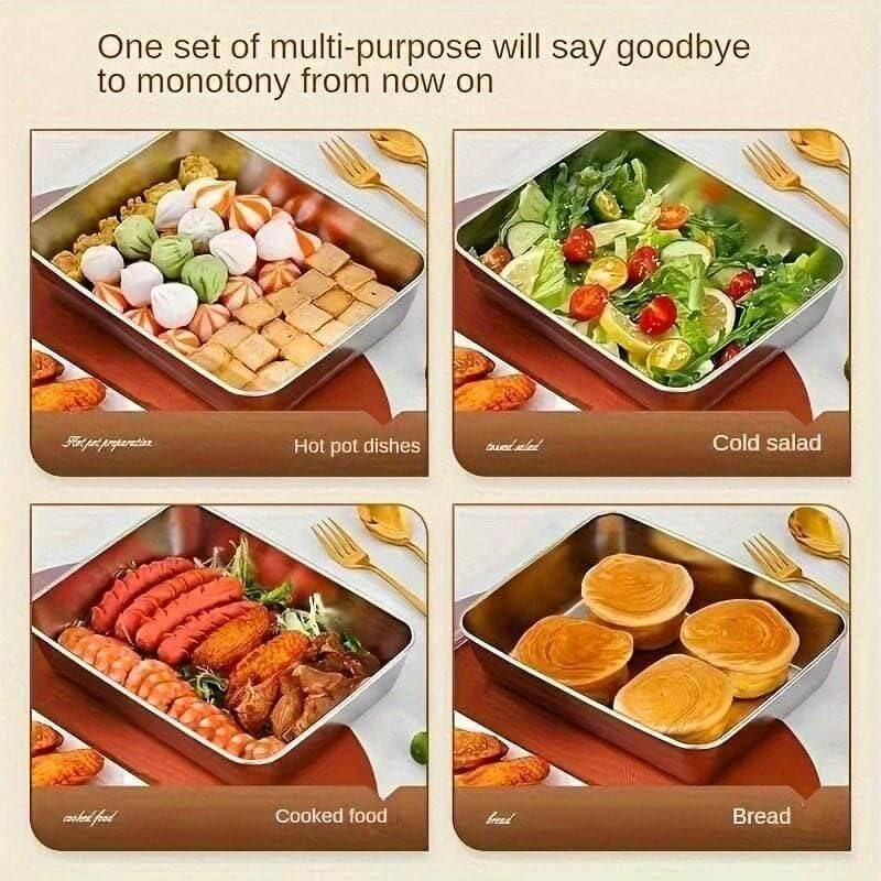 Multifunctional Stainless Steel Food & Storage Trays with Lids – 2, 3 & 4 Pc Sets | Reusable, Leakproof, & Stackable Kitchen Containers (15 x 10 x 5 cm)