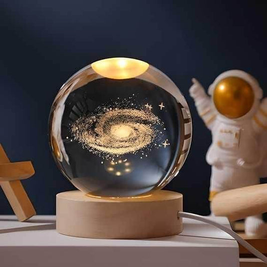3D Crystal Galaxy Moon Lamp with Wooden Base | LED Night Light Ball in Assorted Colors & Designs | Decorative Table Lamp for Home, Bedroom, Desk & Gifting