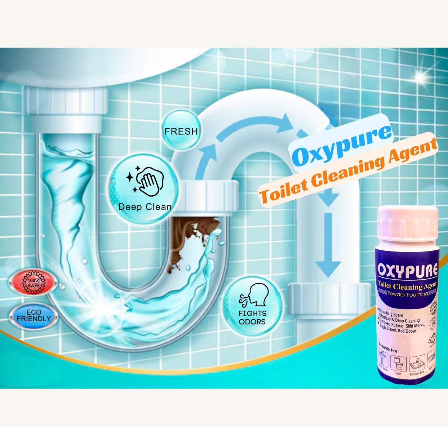 OxyPure Toilet Cleaning Agent – Pack of 2 (100gm Each) | Powerful Stain Remover, Deep Clean & Odor Eliminator | Anti-Bacterial Formula for Toilet Bowl & Bathroom Hygiene