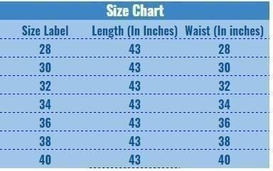 Size chart with size labels, length, and waist measurements on a blue background