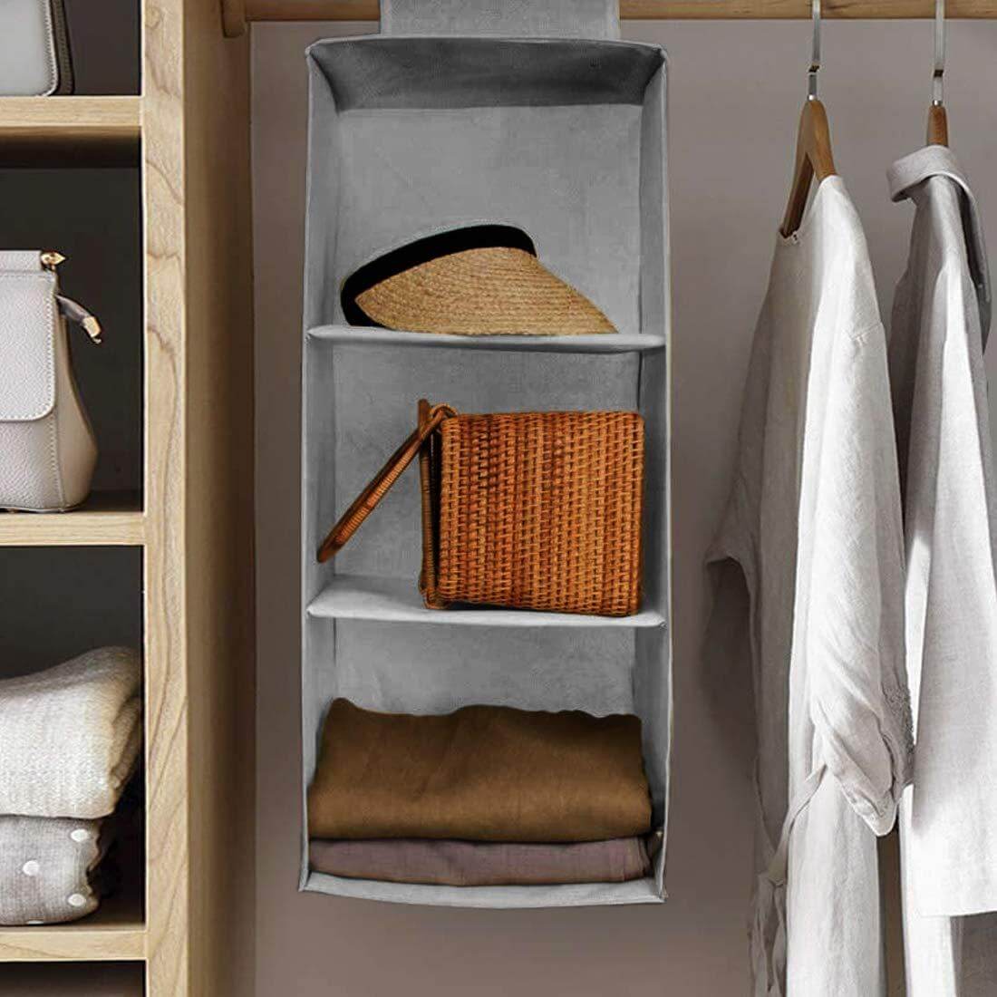 Hanging Wardrobe Organizer with 3 Spacious Shelves – Grey | Foldable Closet Storage for Clothes, Toys & Accessories | Space-Saving Shelf for Neat & Tidy Wardrobes