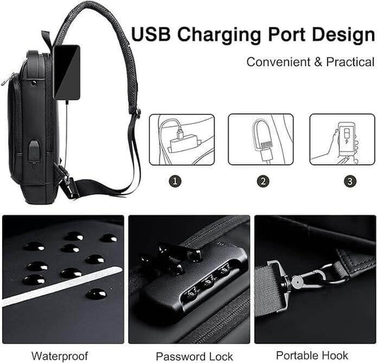 Sling Bag for Men | Waterproof Anti-Theft Chest Crossbody Bag with USB Charging Port & Password Lock | Lightweight PU Leather Shoulder Daypack for Travel, Office, Biking & Daily Use (Fits 7.9" Tablet)