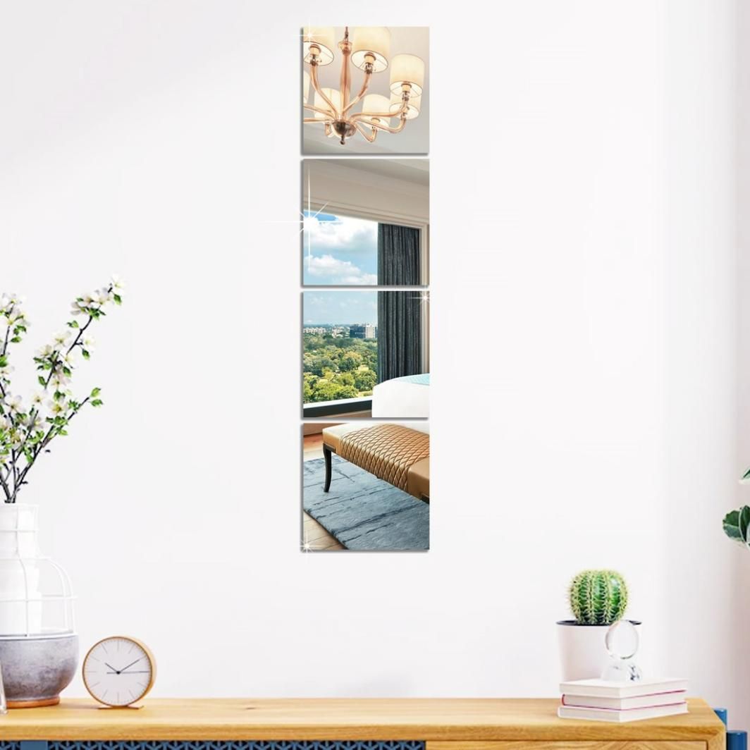 4 Pcs 3D Acrylic Mirror Wall Stickers | 15x15cm Shatterproof Silver Square Mirrors for Wall Décor | Self-Adhesive, Lightweight & Easy to Install | Modern Home Decoration for Bedroom, Living Room, Bathroom