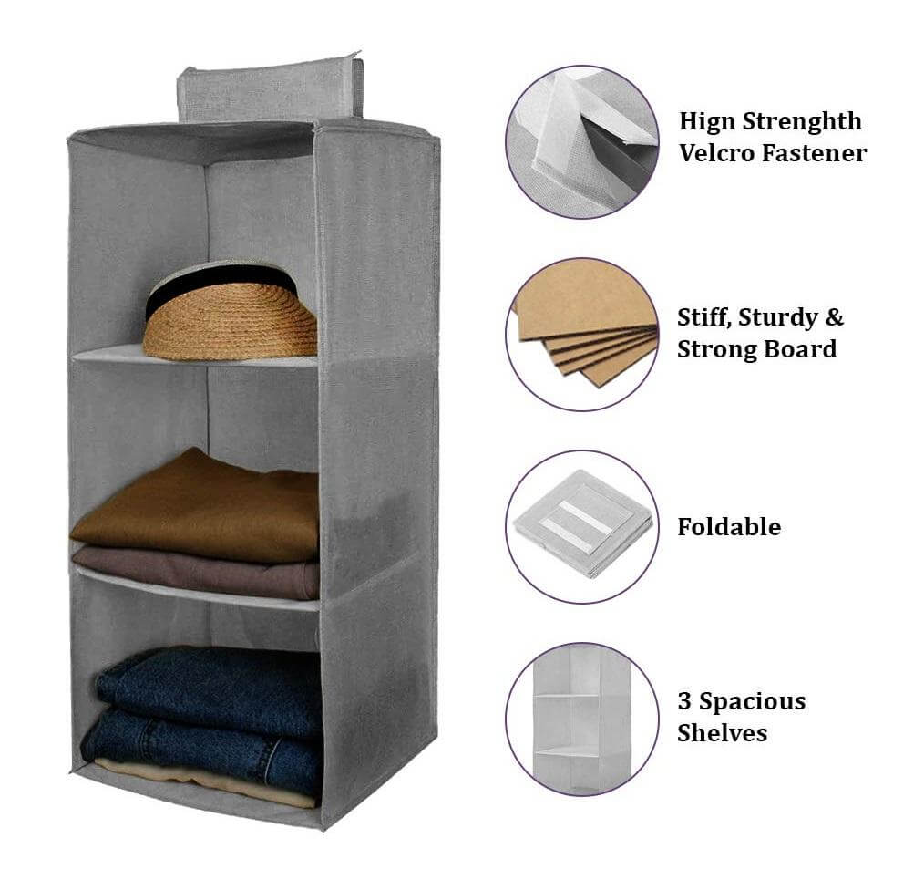 Hanging Wardrobe Organizer with 3 Spacious Shelves – Grey | Foldable Closet Storage for Clothes, Toys & Accessories | Space-Saving Shelf for Neat & Tidy Wardrobes