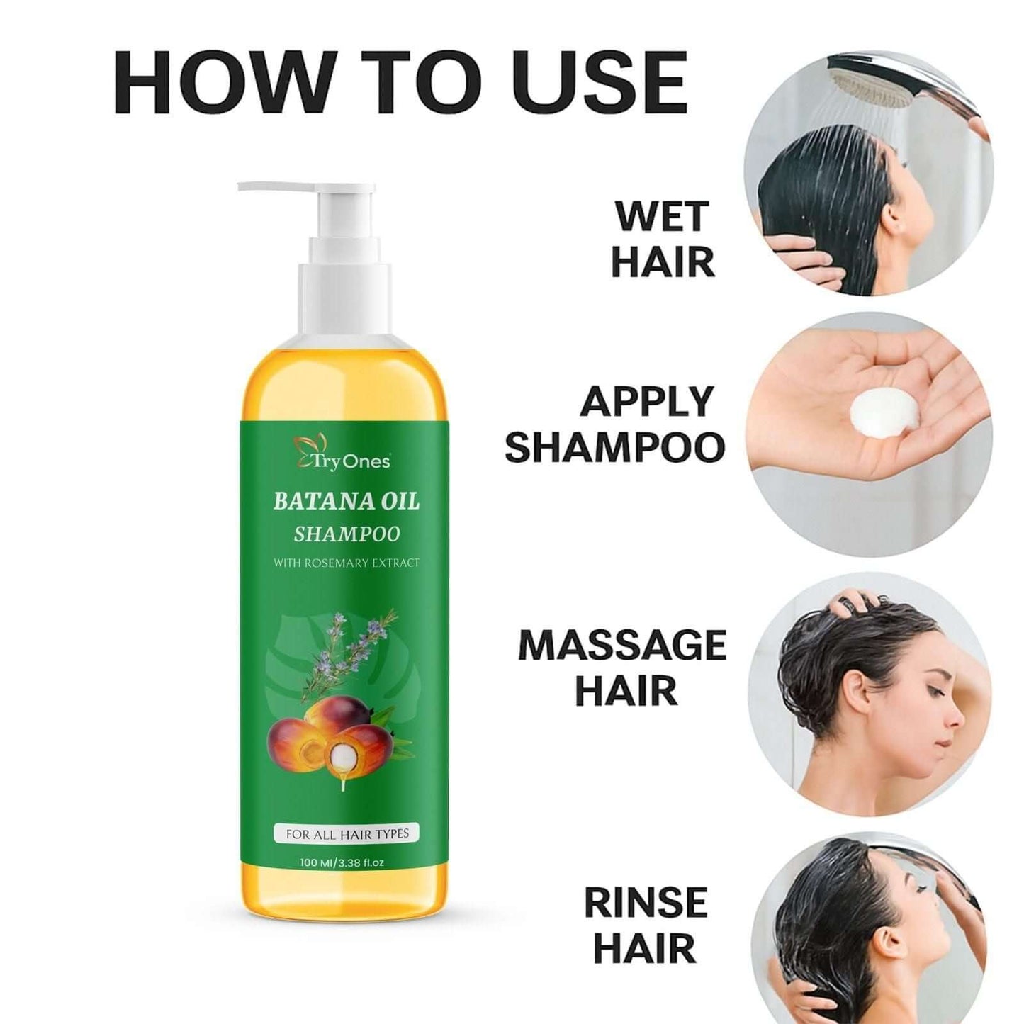 TryOnes Batana Oil Shampoo with Rosemary – Hair Cleanser for All Hair Types | 100ml x 2 Bottles (Pack of 2)