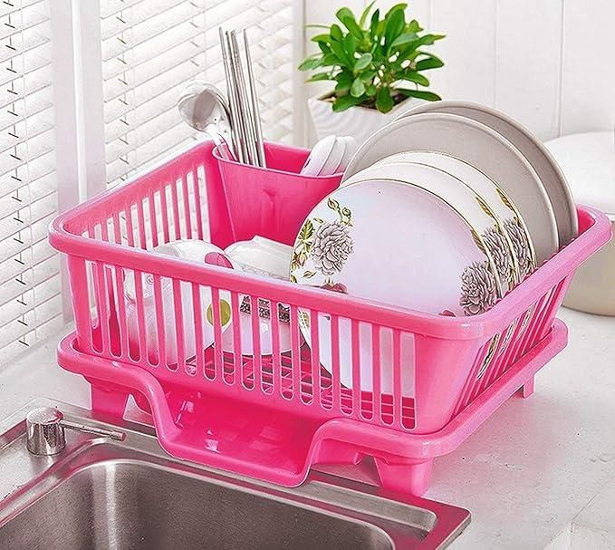 3-in-1 Kitchen Dish Drainer Rack – Space-Saving Plastic Dish Rack with Utensil Holder & Drip Tray | Multi-Purpose Kitchen Organizer for Plates, Bowls & Cutlery (Durable & Easy to Clean)