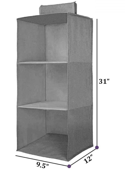 Hanging Wardrobe Organizer with 3 Spacious Shelves – Grey | Foldable Closet Storage for Clothes, Toys & Accessories | Space-Saving Shelf for Neat & Tidy Wardrobes